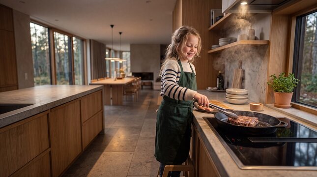 Young Scandinavian Girl Enthusiastically Cooking Steak in Modern Designer Kitchen