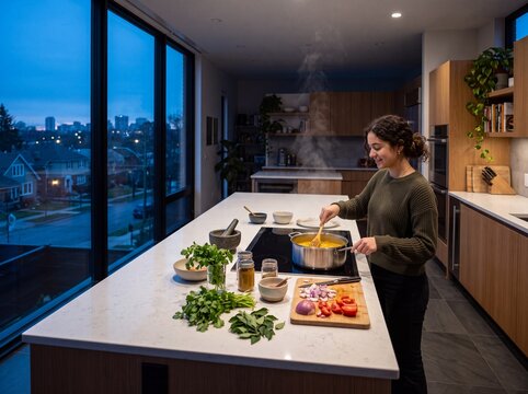 Hispanic Teenager Cooking Curry in Serene Blue Hour Kitchen