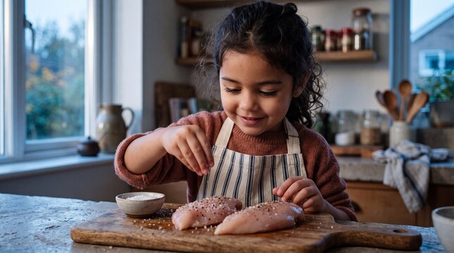 Intimate Dawn Portrait of Young Hispanic Girl Learning to Cook Chicken