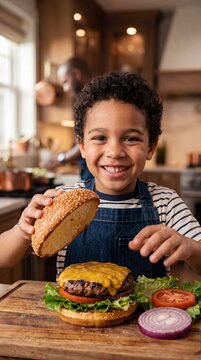 Joyful Mixed-Ethnicity Boy Assembling Gourmet Burger in Professional Kitchen Setting
