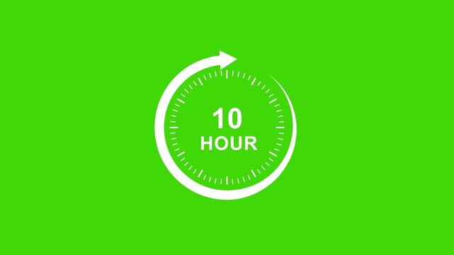 Dynamic 10 hour countdown timer animation with circular progress indicator on green screen background, for editing, motion, time management, and, productivity media projects