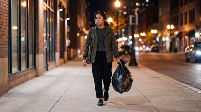 Young Southeast Asian Woman Disposing Waste at Night