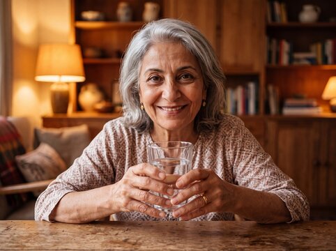 Senior Middle Eastern Woman Sharing a Moment with Glass