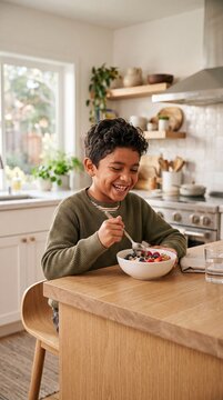 Cheerful Hispanic Boy Enjoying Healthy Breakfast with Spoon