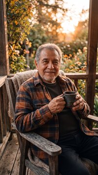 Serene Hispanic Grandfather Enjoying Coffee at Golden Hour