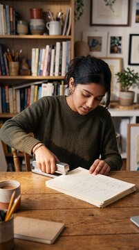 Creative South Asian Teenager Organizing Portfolio with Modern Stapler