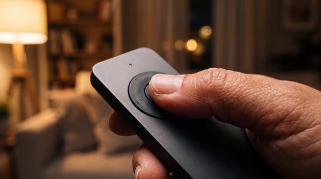 Macro Detail of Mature Hispanic Woman Using Remote Control in Warm Interior