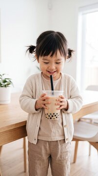 East Asian Toddler Girl with Milk Tea in High-Key Minimalist Setting
