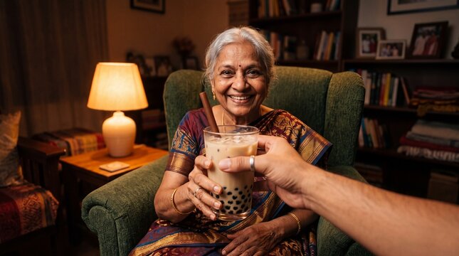 Authentic POV of Elderly South Asian Woman Discovering Bubble Tea in Cozy Interior