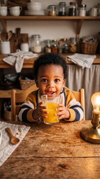Authentic POV of African-American Toddler Enjoying Fresh Orange Juice in Warm Evening Glow