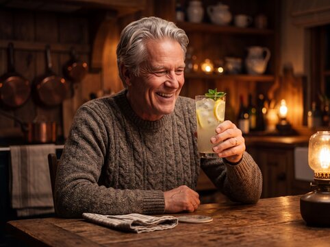 Healthy Scandinavian Senior Enjoying Fresh Lemonade in Cozy Evening Interior
