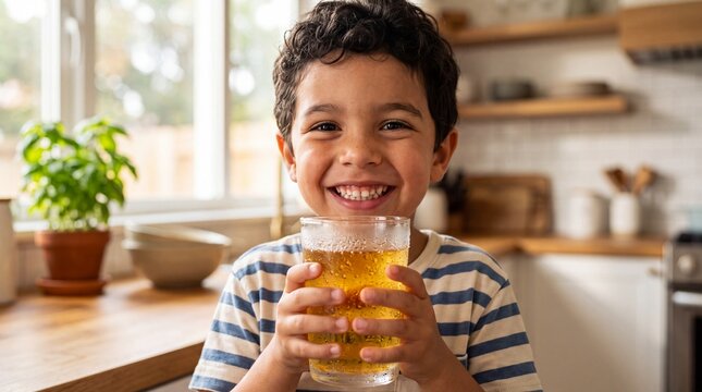 Young Hispanic Boy Refreshing Apple Juice Commercial Portrait