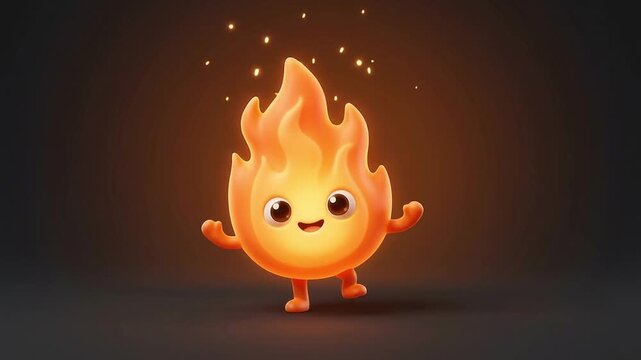 Cute Fire Character Dancing with Sparkles, Cartoon Style