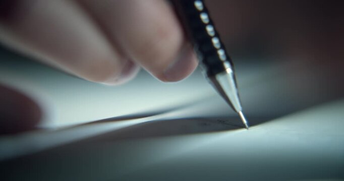 Extreme close-up of man's hand drawing a technical blueprint with a pencil and ruler, captured with shallow depth of field. Detailed drafting and design concept representing architecture, engineering.
