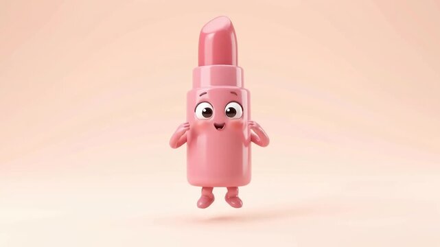 Cute Pink Lipstick Character with Happy Face, 3D Rendering, Animation Character Concept