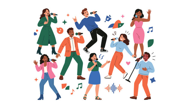 PrintGroup of happy diverse people singing karaoke with microphones at a music party concert event vector illustration