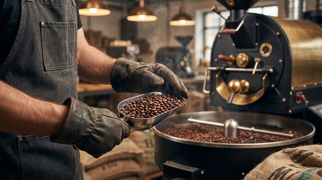 Coffee roaster worker portrait, with protective gloves holding metal scoop, checking roasted beans, in roasting facility, food industry stock photo