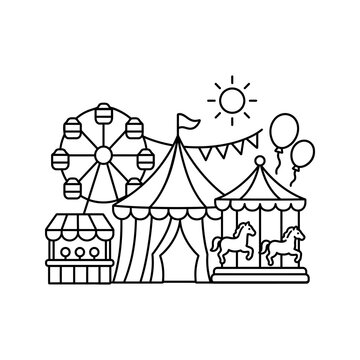 Carnival amusement park line icon set with carousel on transparent background.