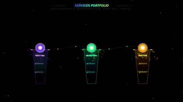 Holographic control panel interface displaying three robotic avatars with distinct colored heads labeled first, second, and third toric