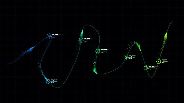 Trajectory visualization of two objects moving through space with colorcoded paths and position markers