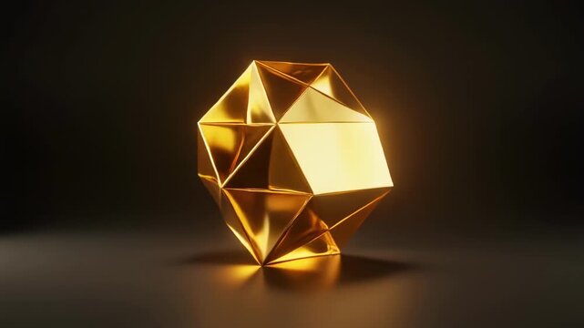 Rotating golden geometric polyhedron with glowing edges on dark background