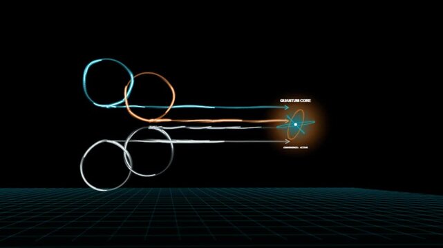 Quantum computing visualization showing quantum core and entangled particles in a dark space environment