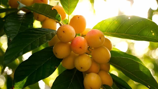 Detail of fresh loquat fruit with bright lens flare.