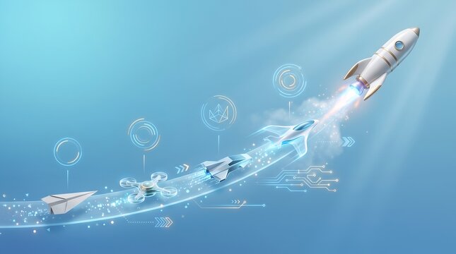 Technology Evolution Concept Showing Paper Airplane Transforming into Rocket Launch Representing Business Growth