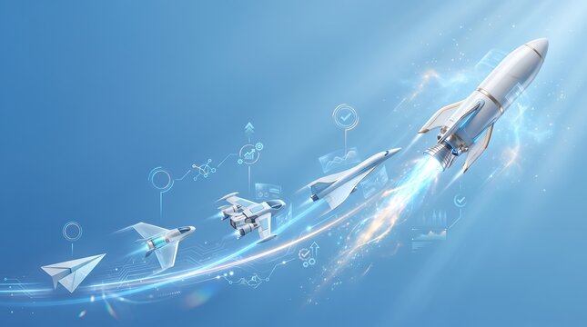 Startup Business Acceleration Concept with Airplane to Rocket Evolution Symbolizing Financial Growth