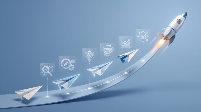 Strategic Business Development Journey Concept with Paper Airplanes and Rocket Launching Towards Success