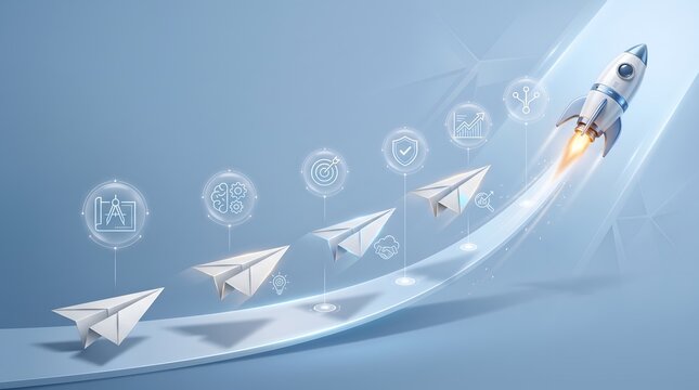 Product Development Lifecycle Concept with Paper Airplanes and Rocket Launch Representing Tech Startup Growth