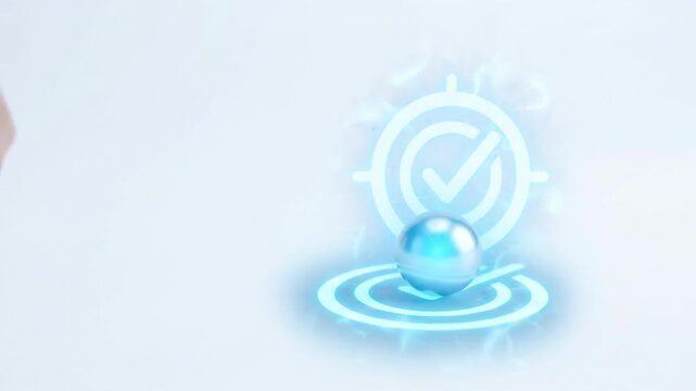 Hand Placing Silver Sphere Beside Glowing Check Mark and Target, Key Performance Indicator for Business Accuracy, Performance, Success and Growth