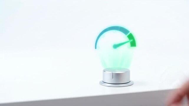 Hand Pressing Light Bulb Performance Indicator Key KPI Gauge for Efficient Energy Use, Business Efficiency, Digital Progress, and Clean Growth Metrics