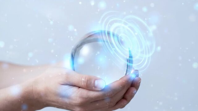 Key Performance Indicator KPI for Human Hand Holding Glowing Sphere and Digital Interface, Futuristic Technology Innovation Insight for Secure