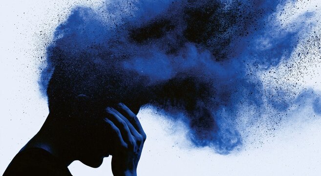 Mental health concept with silhouette of person and blue smoke of stress anxiety