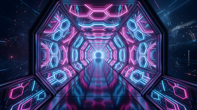 Symmetrical futuristic neon corridor with blue and pink geometric light panels futuristic tunnel pink glow geometric lights octagonal tunnel sci fi hallway