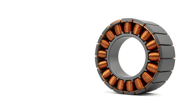 Electric Motor Stator with Copper Windings on White Background