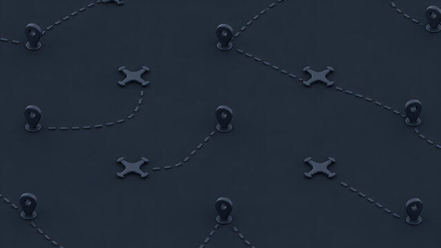 Drone Flight Paths and GPS Pin Locations on Dark Background