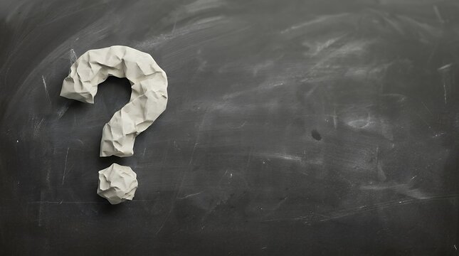 3D render of a creative and conceptual image for ideas and questions featuring a crumpled paper question mark on a smudged blackboard for question concepts Crumpled paper question mark on smudged