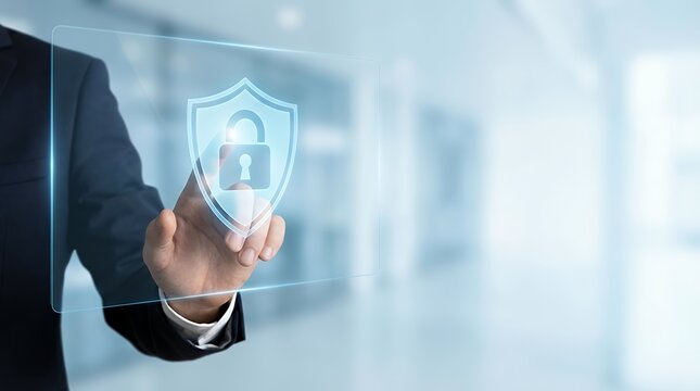 A Business Professional Touching a Shield Protect Icon Representing the Concept of Cyber Security Safe Data Protection and the Importance of Digital Safety in the Modern World business touching