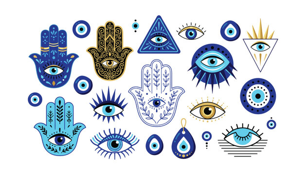 Evil eye and hamsa hand vector set with mystical amulets protection symbols and gold details isolated on white