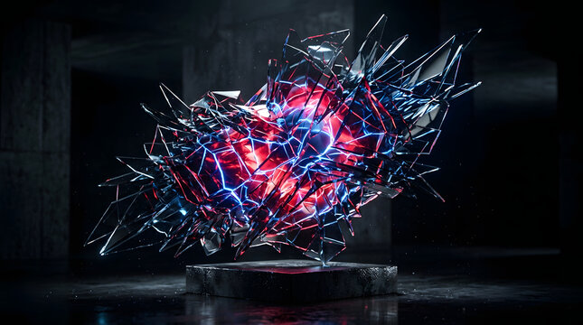 Futuristic abstract geometric structure with glowing red and blue light beams inside a dark industrial hall glowing lights neon illumination futuristic sculp