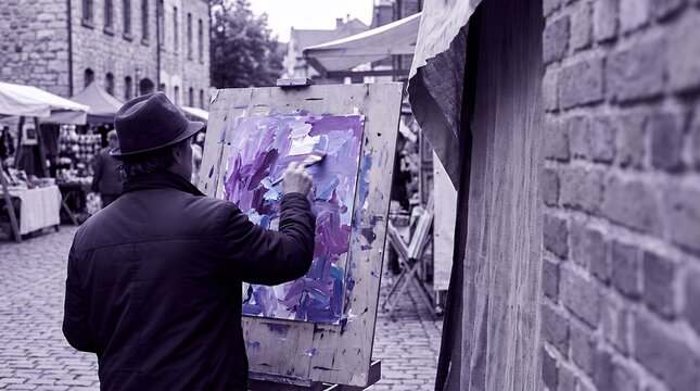 A back view of an artist at an outdoor festival in Svetlogorsk Russia creating an abstract painting on a wooden canvas board using purple violet blue and white colors with a moving paint brush.