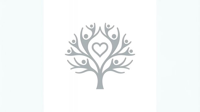 A conceptual icon of a tree symbolizing unity and growth with people reaching towards a heart at its center representing collective love community and shared affection. tree icon concept unity people