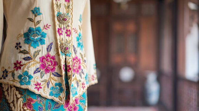 A detailed close-up view of a traditional Nyonya costume displayed on a mannequin showcasing the intricate patterns vibrant colors and cultural heritage of Peranakan fashion. nyonya costumes on