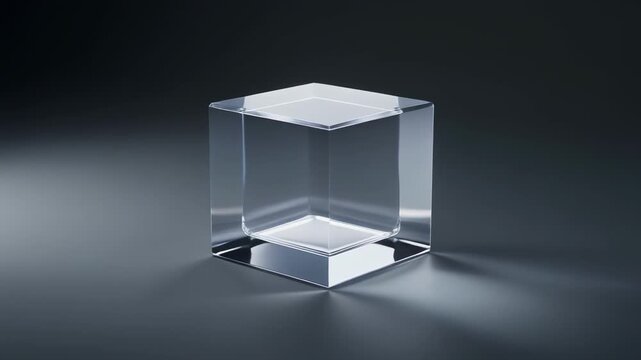 Transparent glass cube rotating on dark background with soft lighting