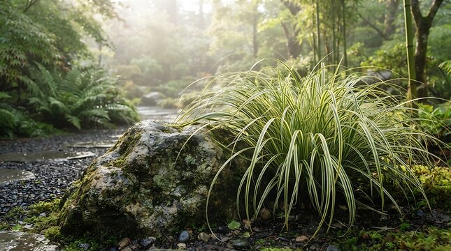 Flame-Carex Evergold ornamental grass growing beside a large mossy rock in a lush sunlit garden landscape with a gravel path and soft morning light