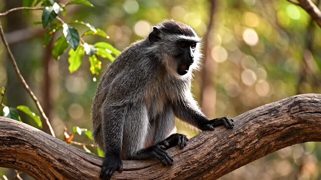 Monkey sitting on a tree branch in the forest.