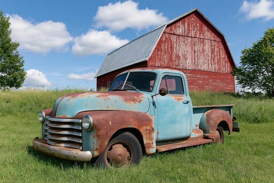 Truck and vintage pickup with rust parked in a rural field by a classic red barn