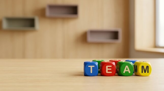 A colorful 3D rendering of wooden cubes spelling out the word "Team " representing teamwork collaboration and leadership in a vibrant and modern style. team buzzword cubes team buzzword cubes color
